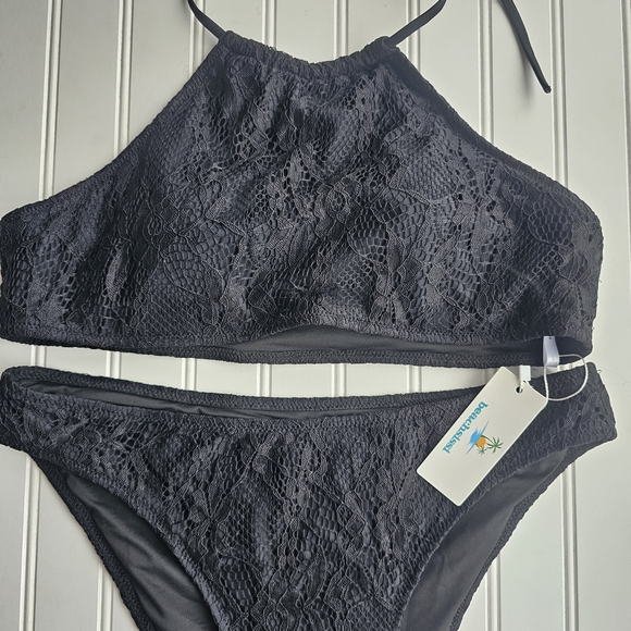 NEW Beachsissi Black Lace Halter Bikini Set Womens Large - Picture 2 of 5